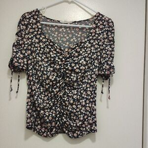 PerSeption Concept Black Floral Ruched Blouse